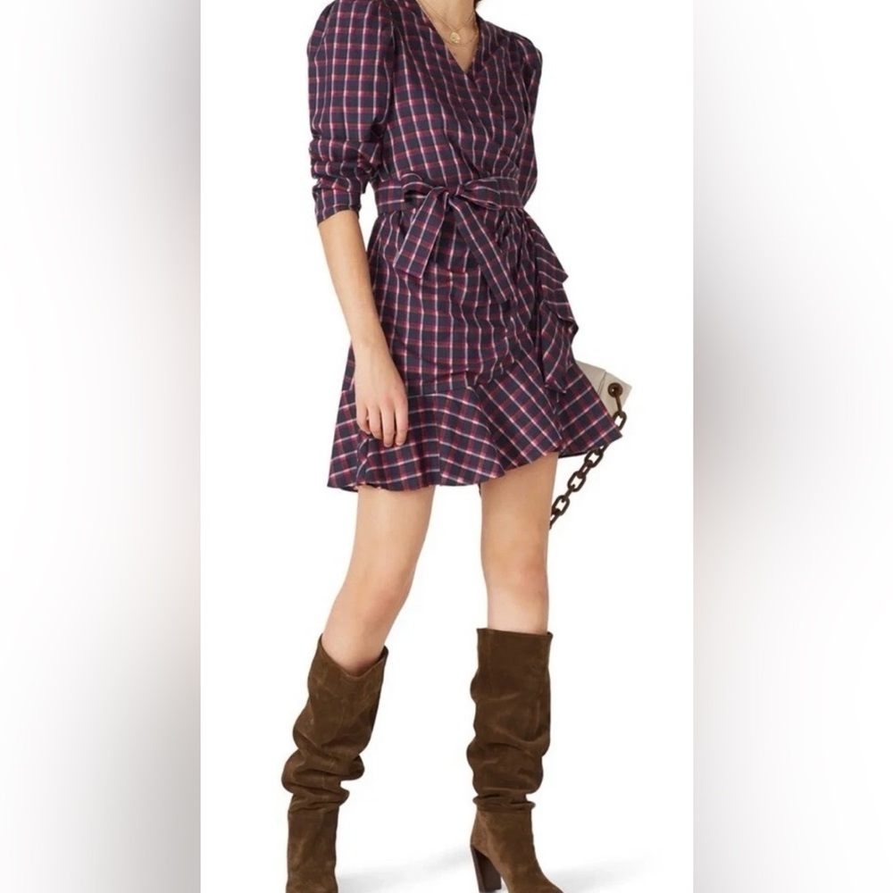 Tanya Taylor Navy and Red Plaid Wrap Dress